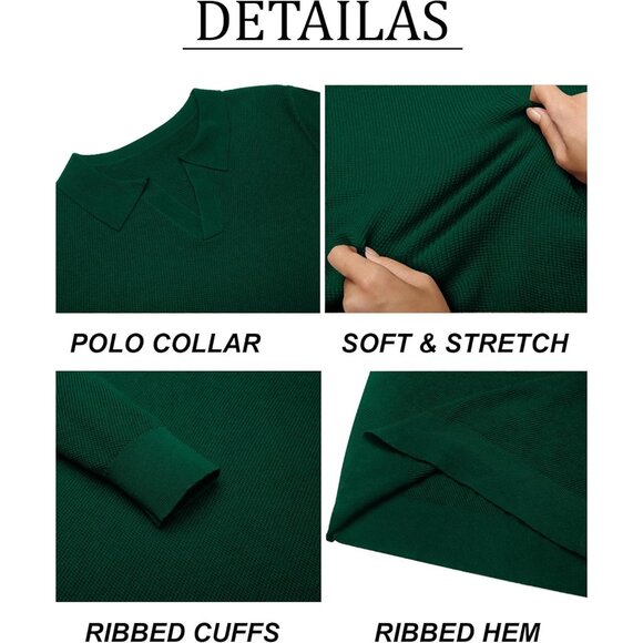 Men's Knit Polo Long Sleeve V-Neck Pullover Sweaters Collared Knitted Dark Green - Picture 6 of 6